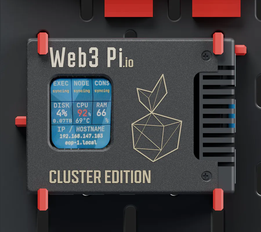 Web3 Pi Cluster Edition node case with a status display showing execution, node and consensus state, disk, CPU and RAM